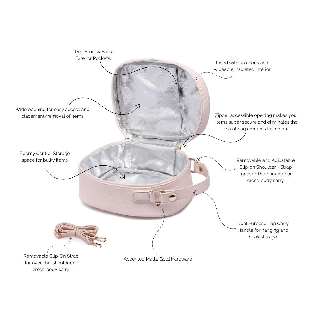 Pink travel bag with features highlighted on a white background