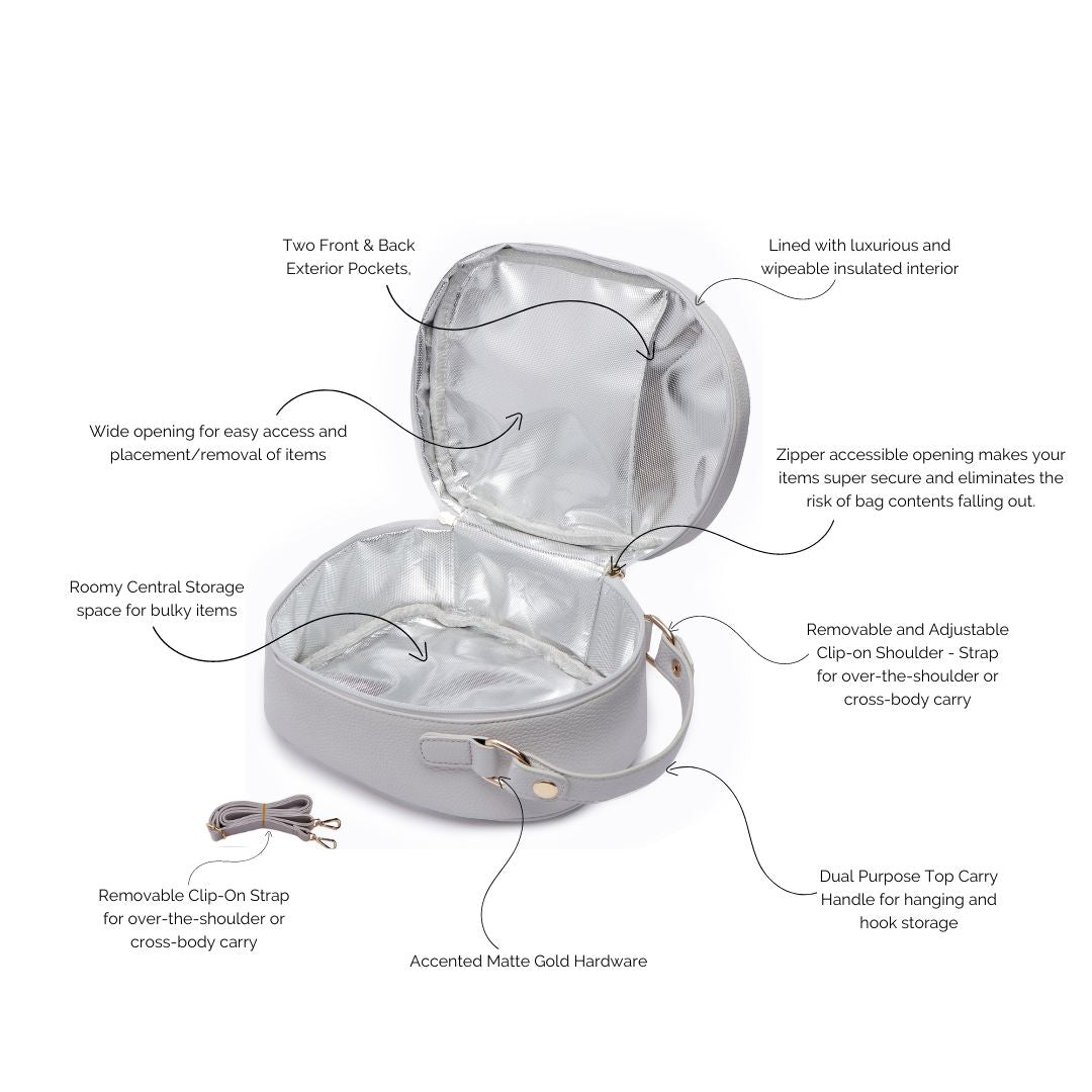 Silver heart-shaped travel case with features highlighted on a white background