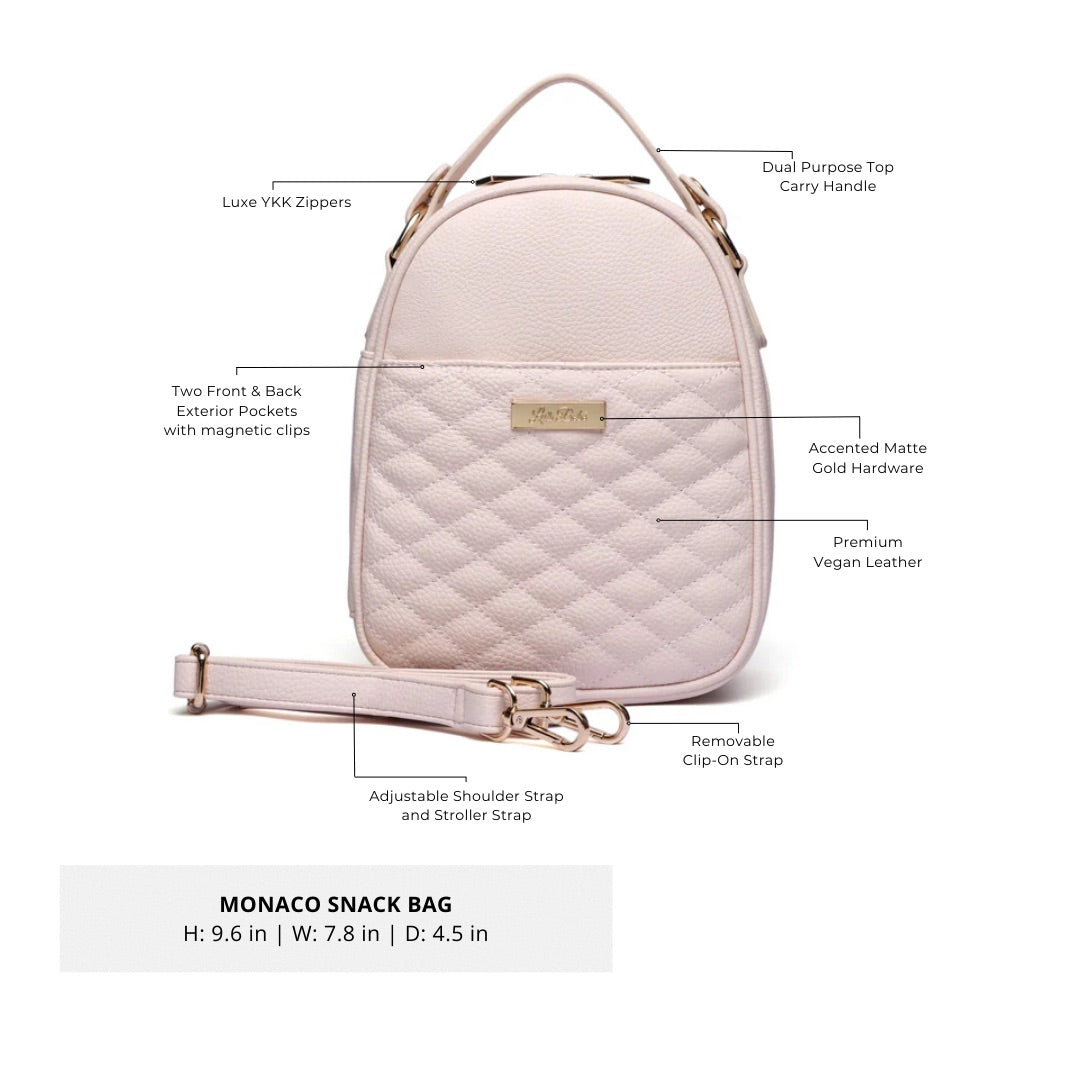 Quilted snack bag with features labeled on a white background