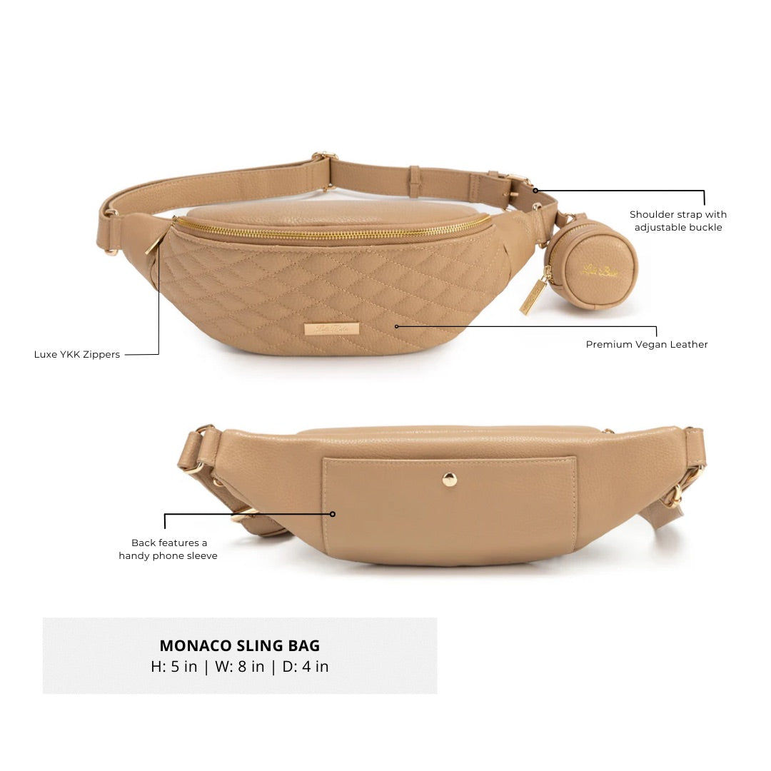 Beige sling bag with features highlighted on a white background