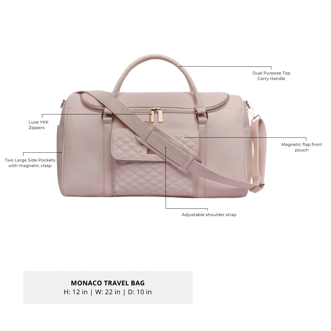 Pink travel bag with labeled features on a white background