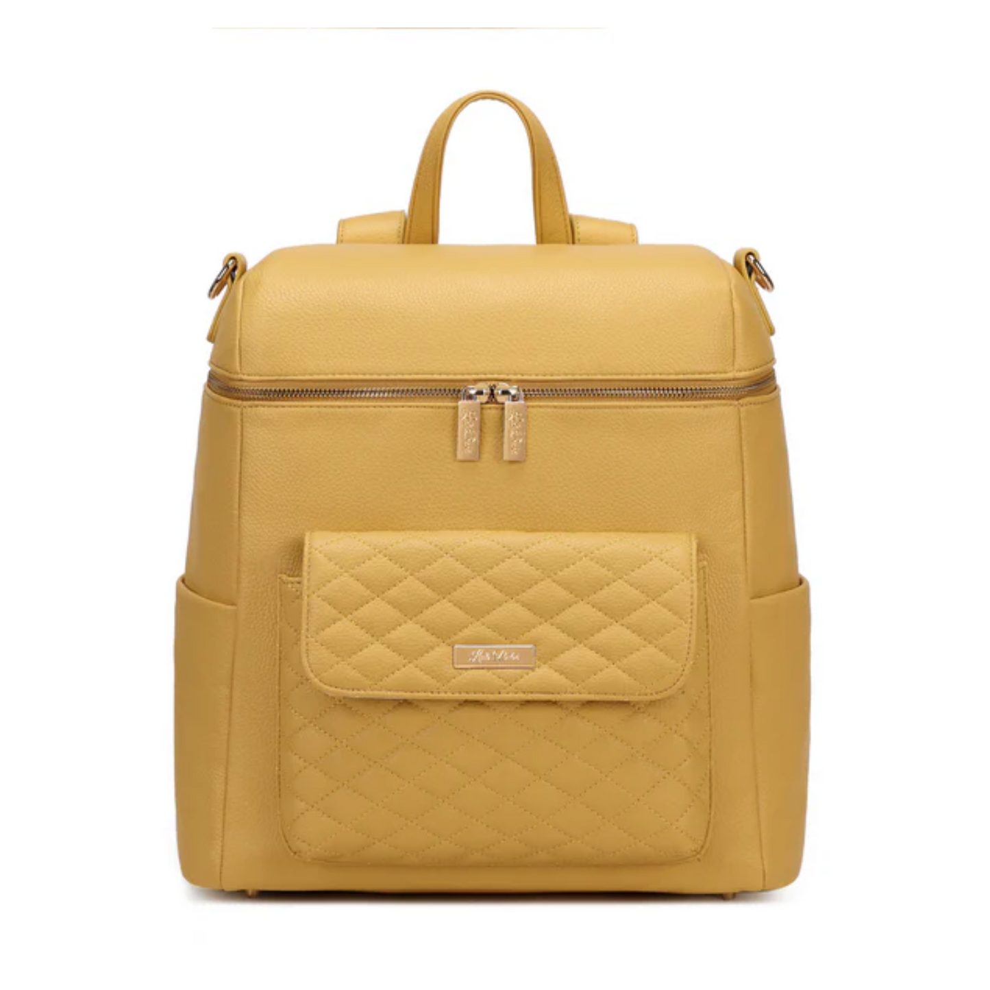 Yellow backpack with a quilted pocket on a white background