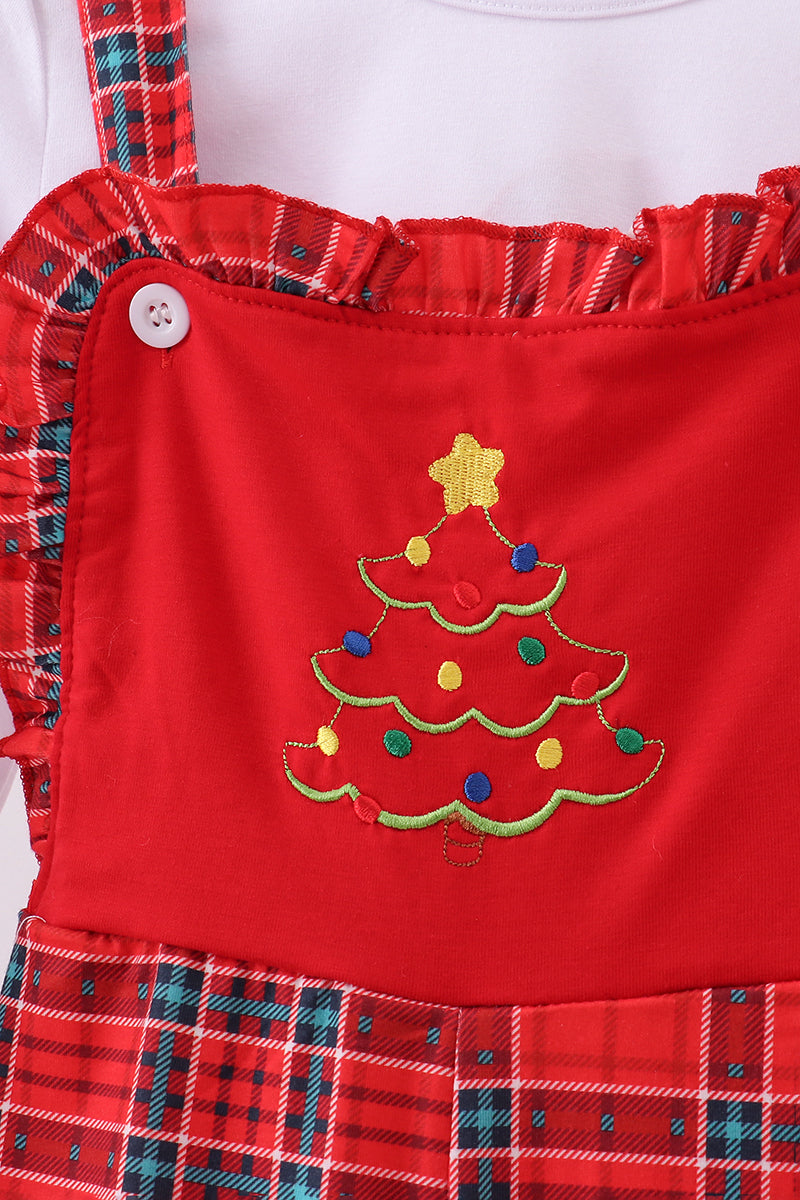Red apron with a Christmas tree design and plaid trim