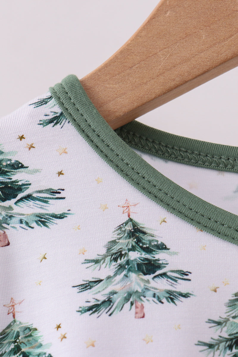 Baby romper with Christmas tree pattern on a white background