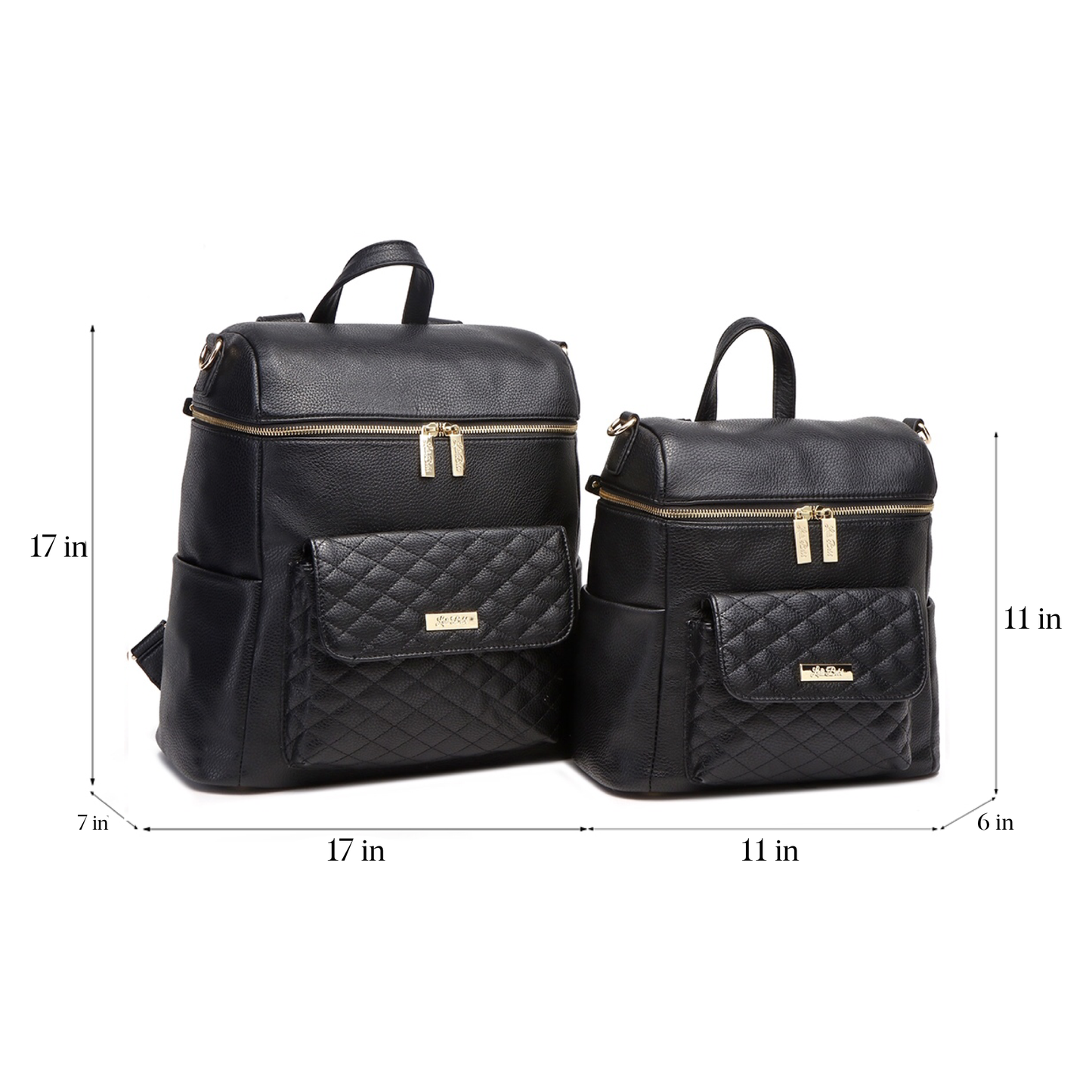 Black quilted backpack and smaller bag with measurements on a white background