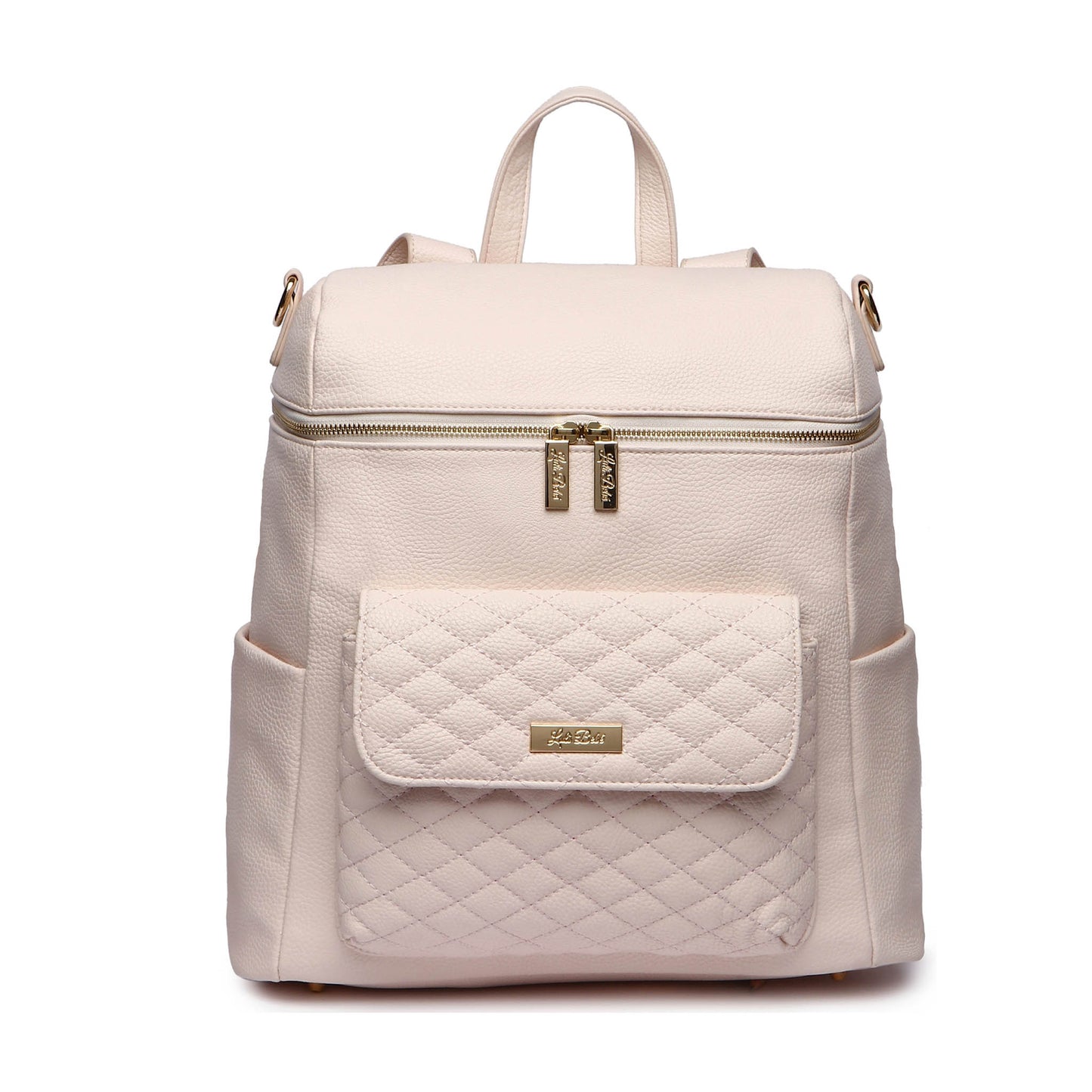 Quilted beige backpack with a front pocket on a white background