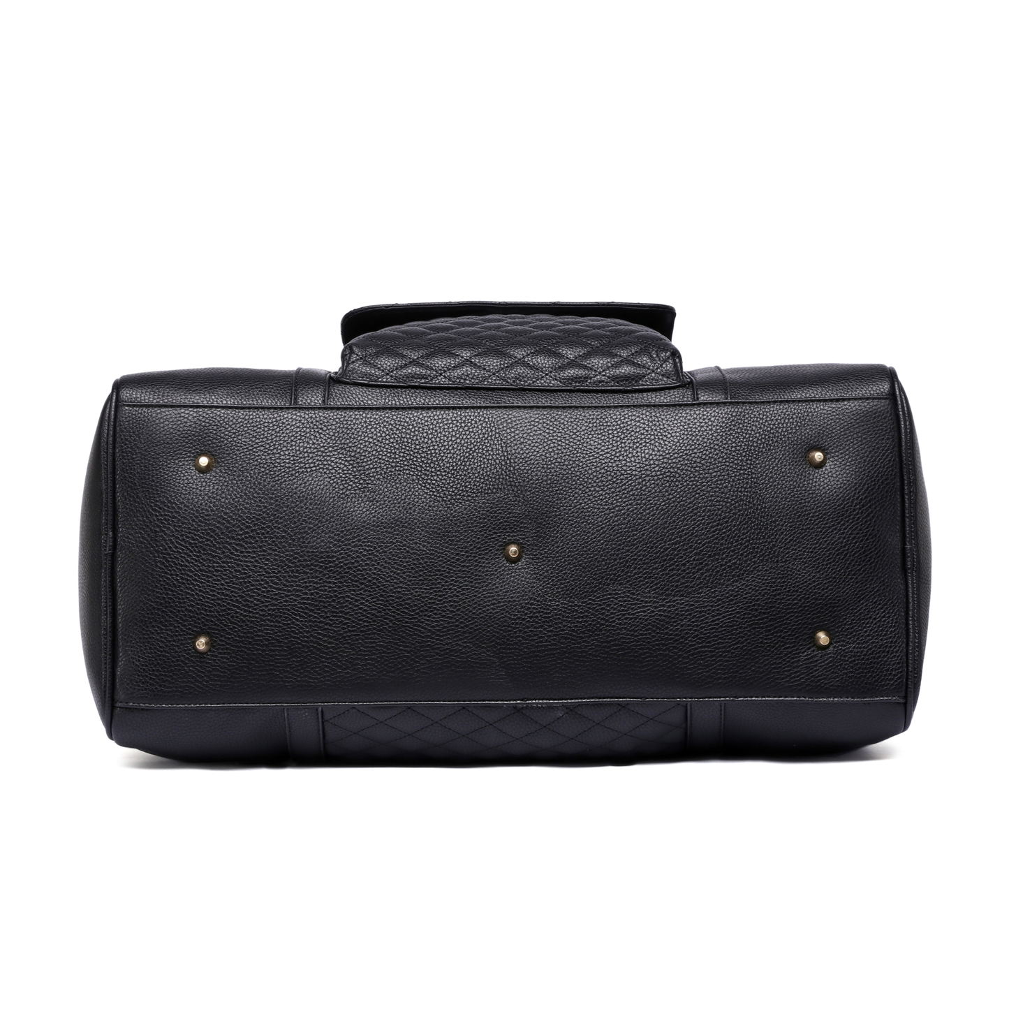 Black leather duffel bag with gold studs on a white background