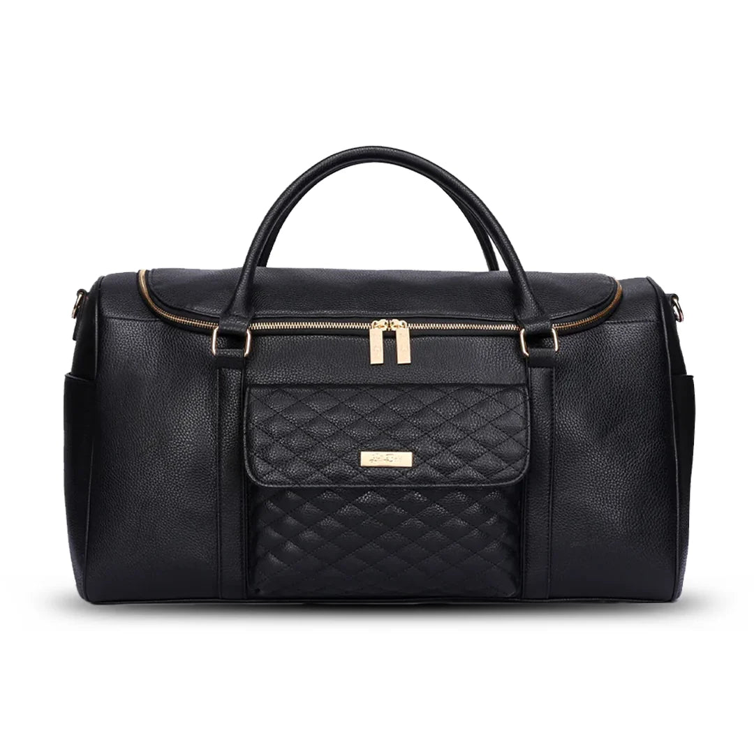 Black quilted handbag with gold accents on a white background
