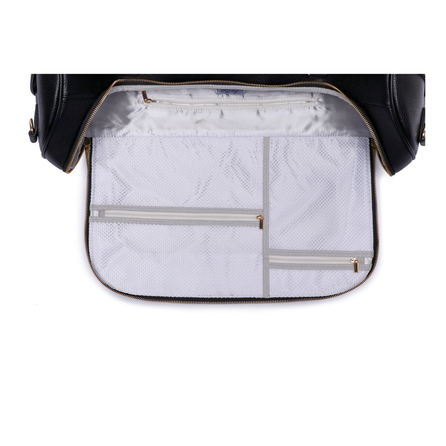 Black backpack with open compartment showing quilted white interior on a white background