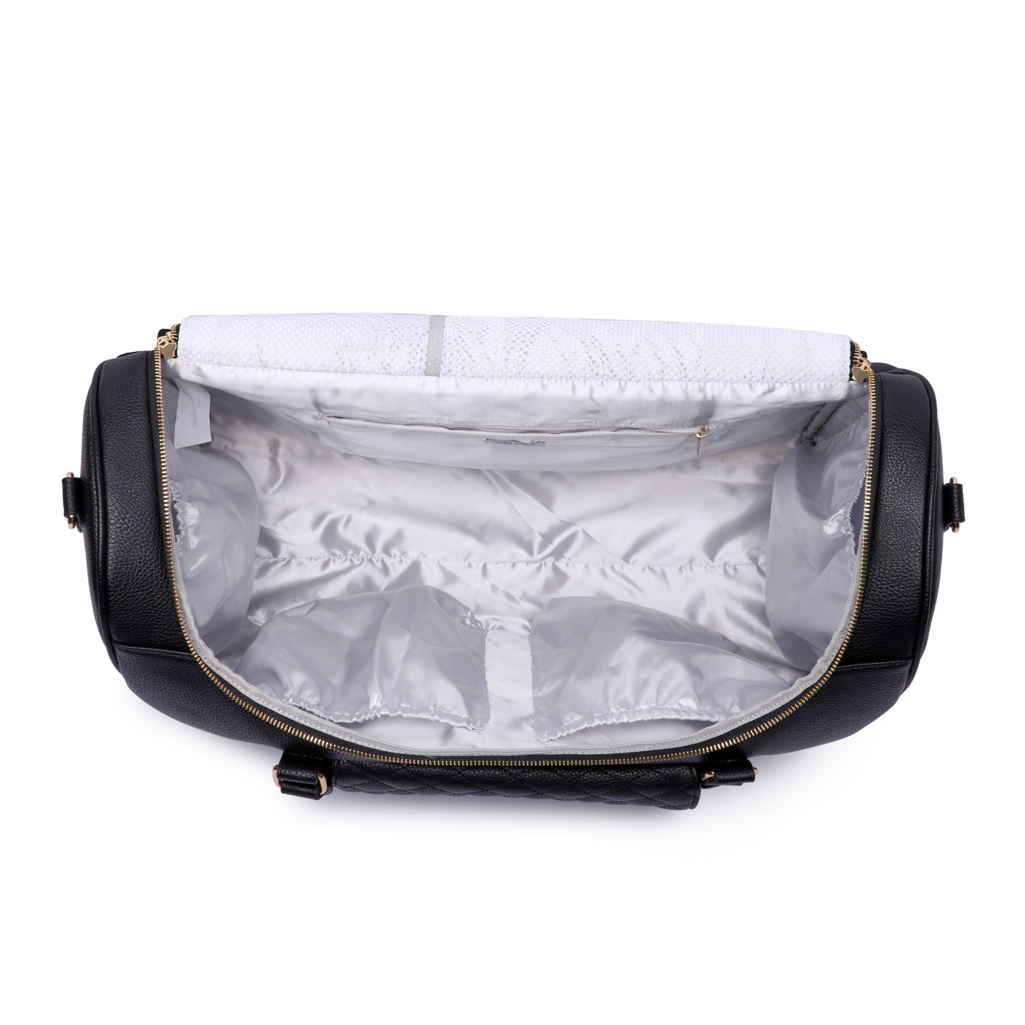 Black leather bag with white interior on a white background