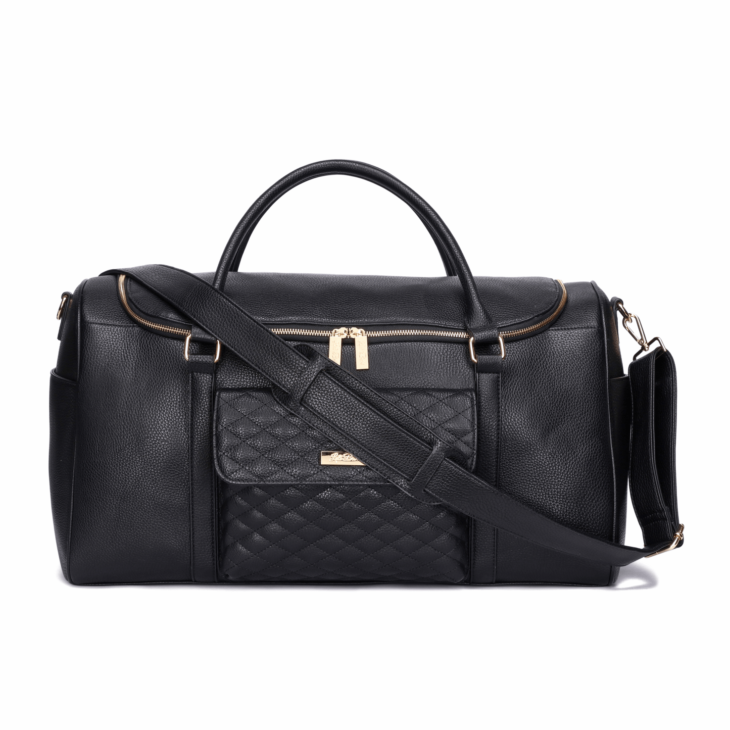 Black leather duffel bag with a quilted pocket on a white background