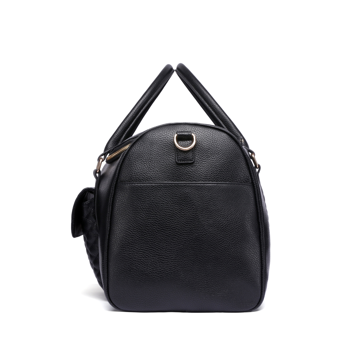 Black leather handbag with gold clasp on a white background
