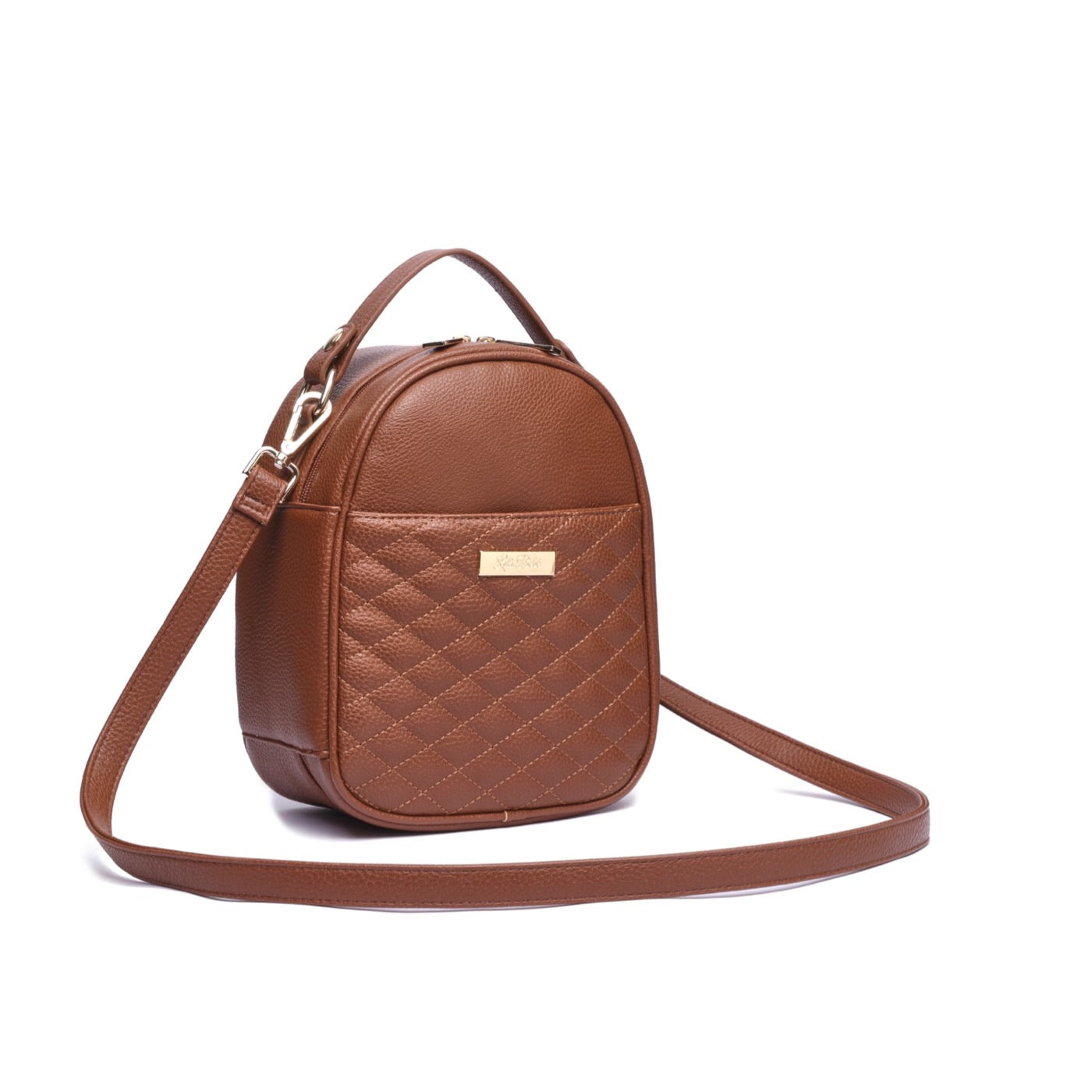 Brown quilted handbag with a visible brand logo on a white background