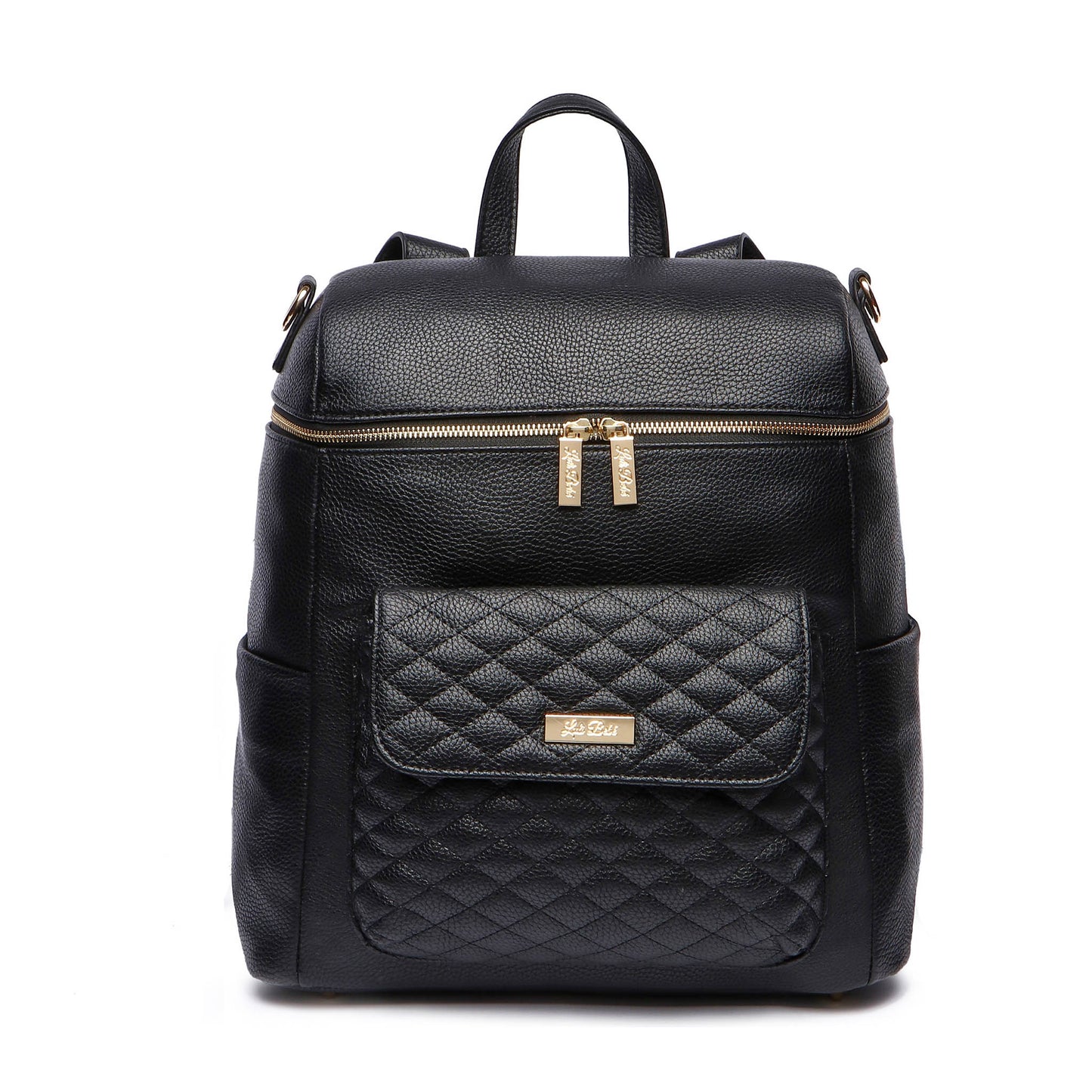 Black backpack with quilted front pocket on a white background