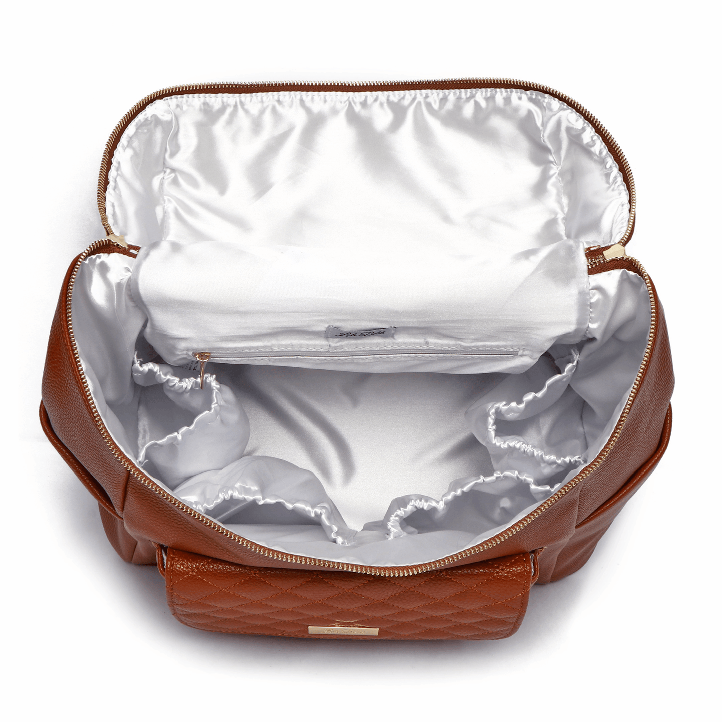 Brown quilted bag with white interior on a white background