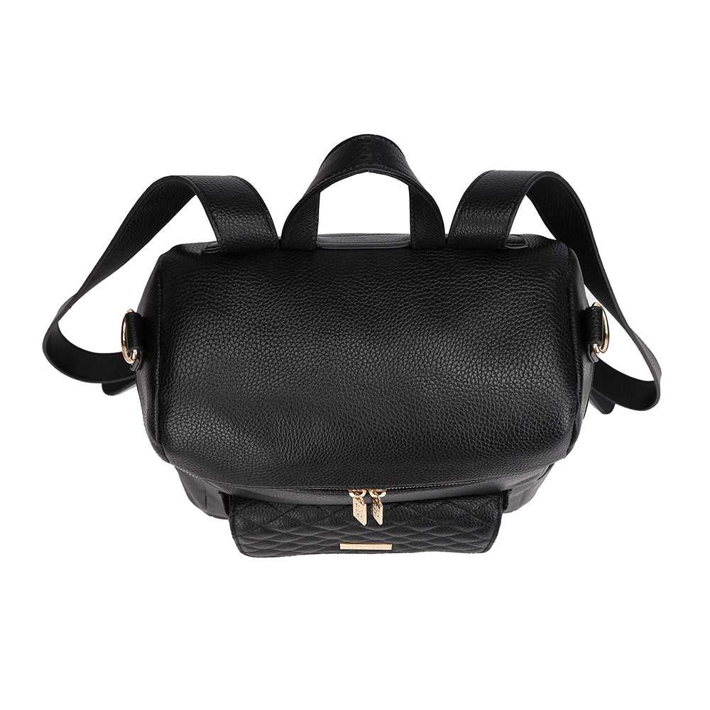 Black backpack with quilted design on a white background