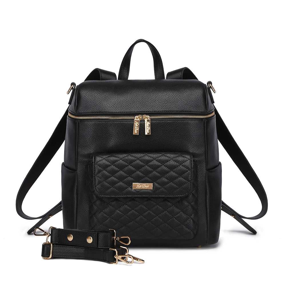 Black backpack with quilted design and gold accents on a white background