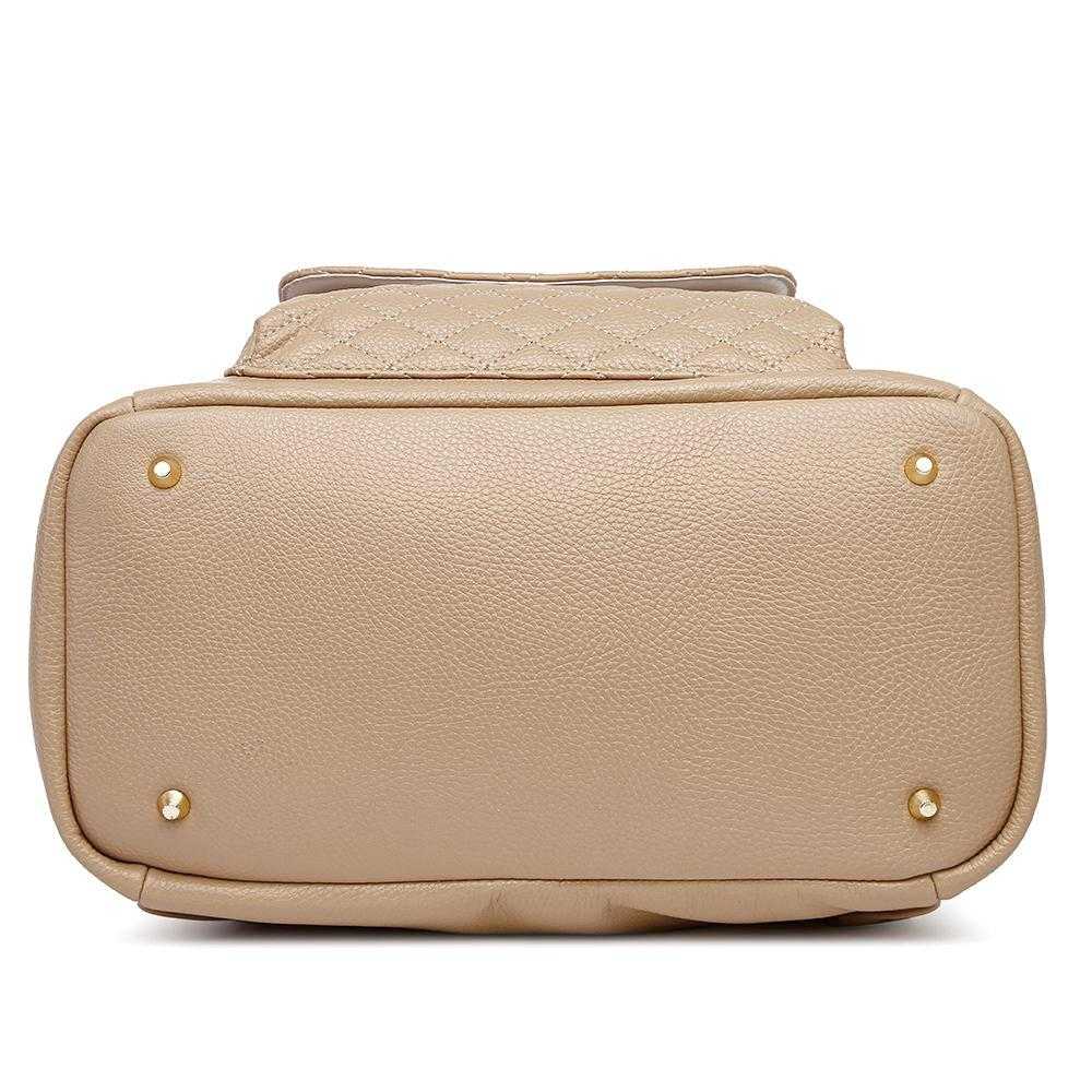 Beige handbag with gold accents on a white background