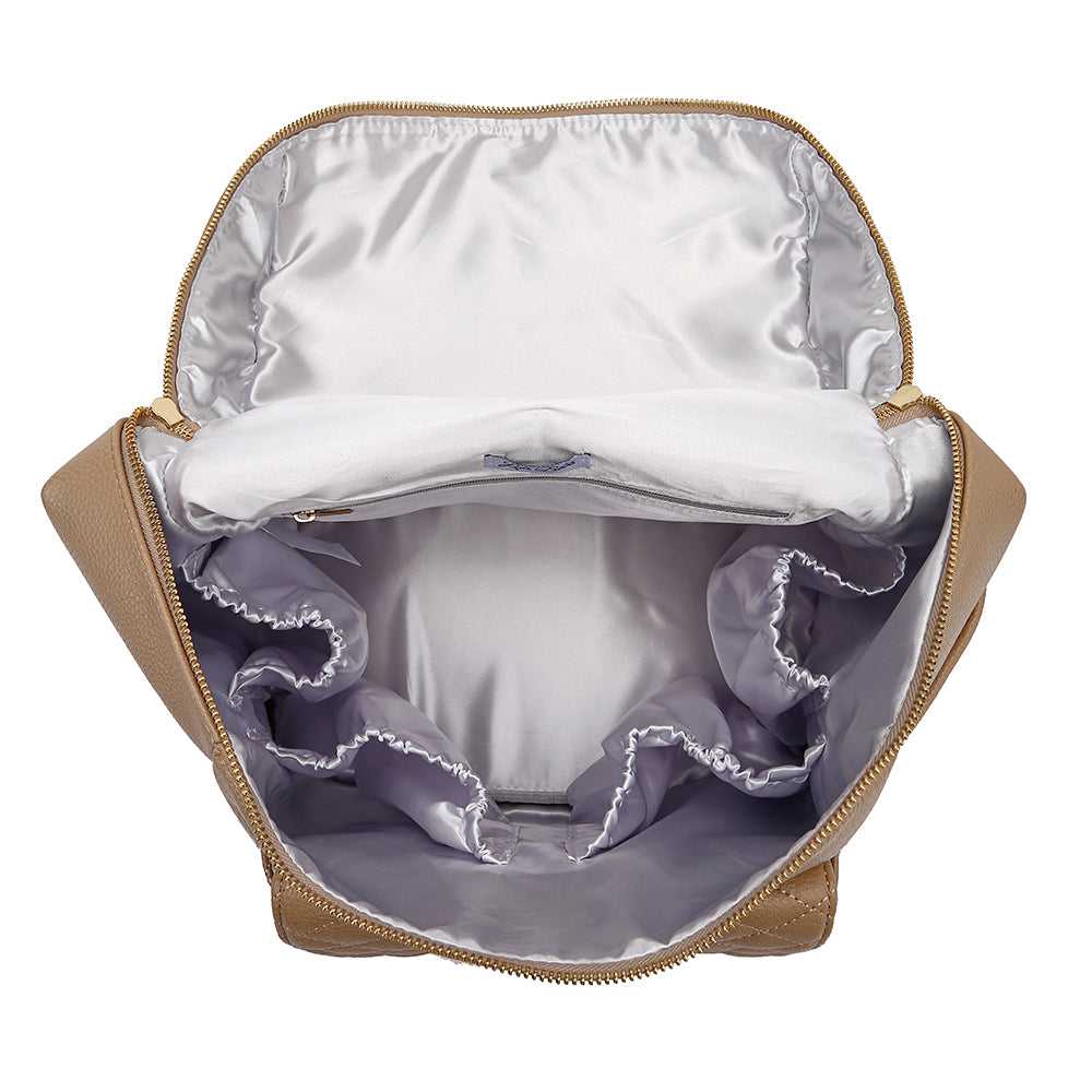Open beige handbag with white lining and ruffled interior