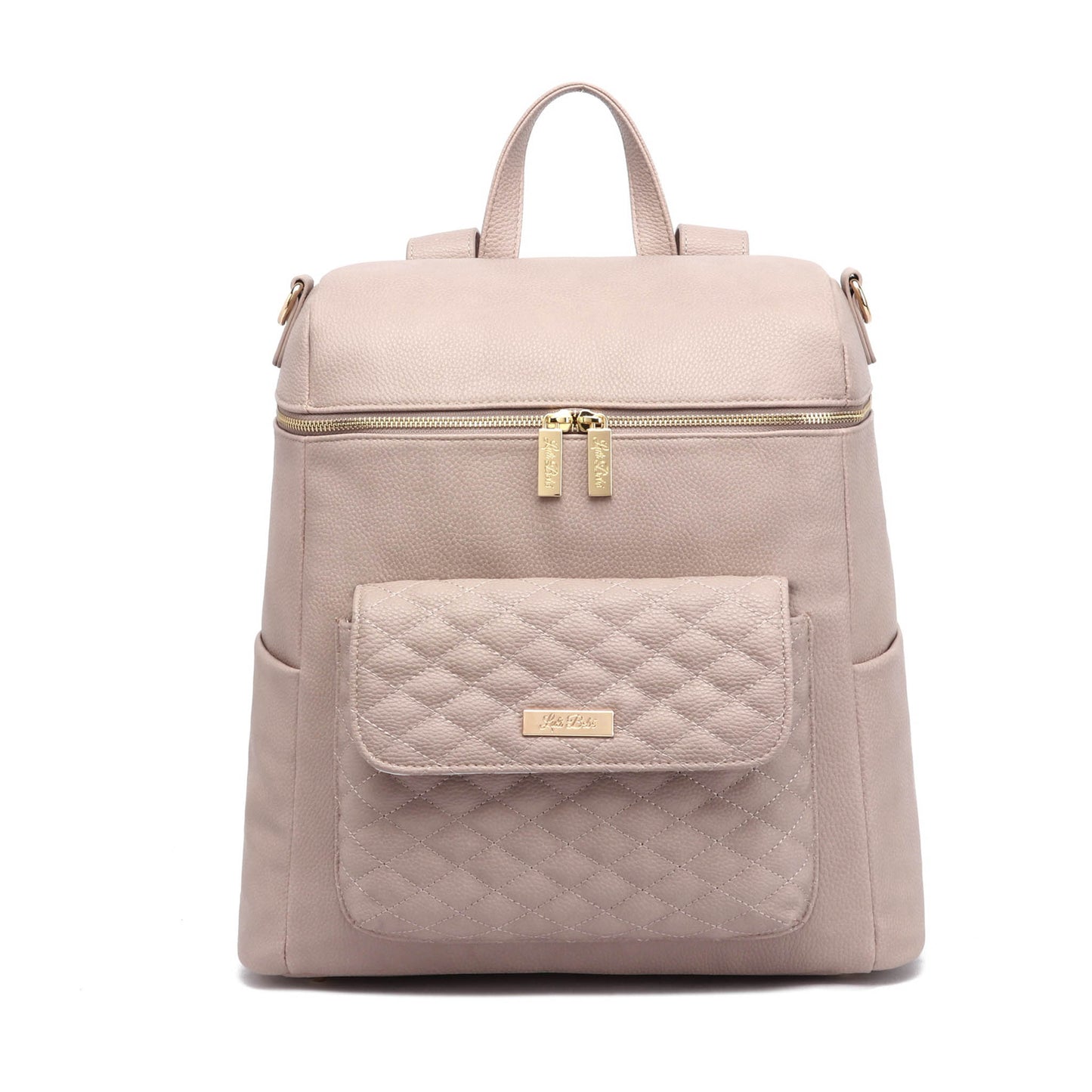 A nude rose colored Monaco Diaper Bag made of vegan leather, featuring a quilted design on the front pocket and smooth exterior.