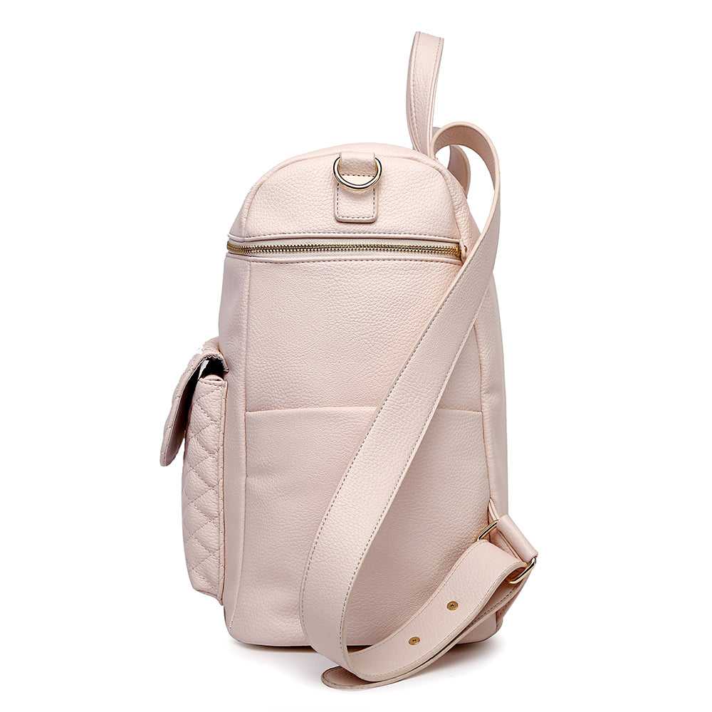 Pink backpack with a strap on a white background