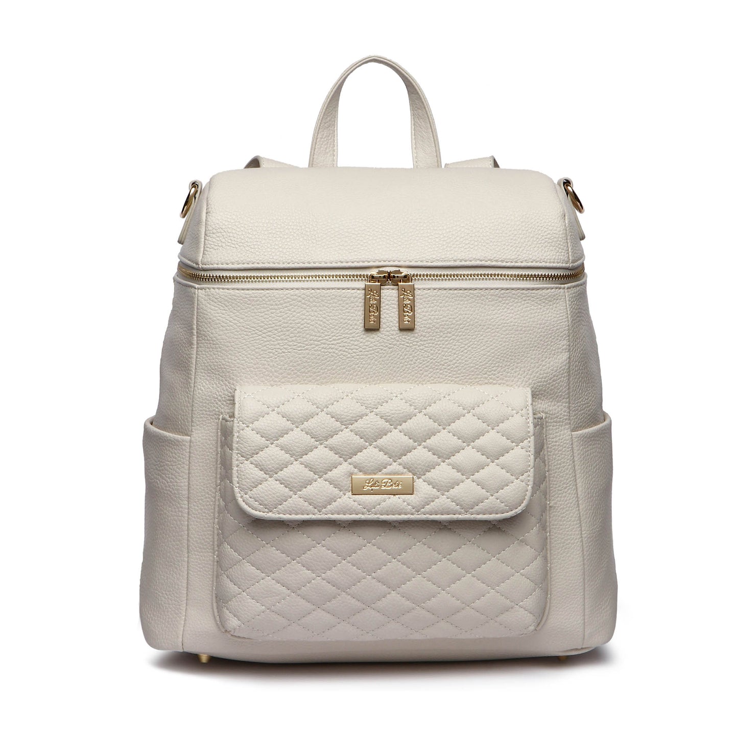 A pearl white Monaco Diaper Bag made of premium vegan leather, featuring a quilted design on the front pocket, gold-tone hardware, and a shoulder strap.