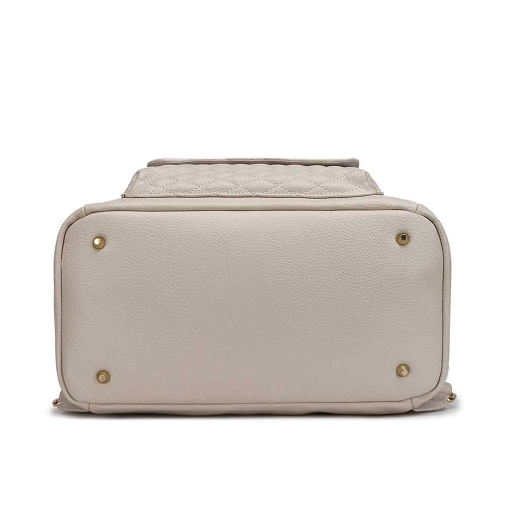 Beige handbag with gold accents on a white background