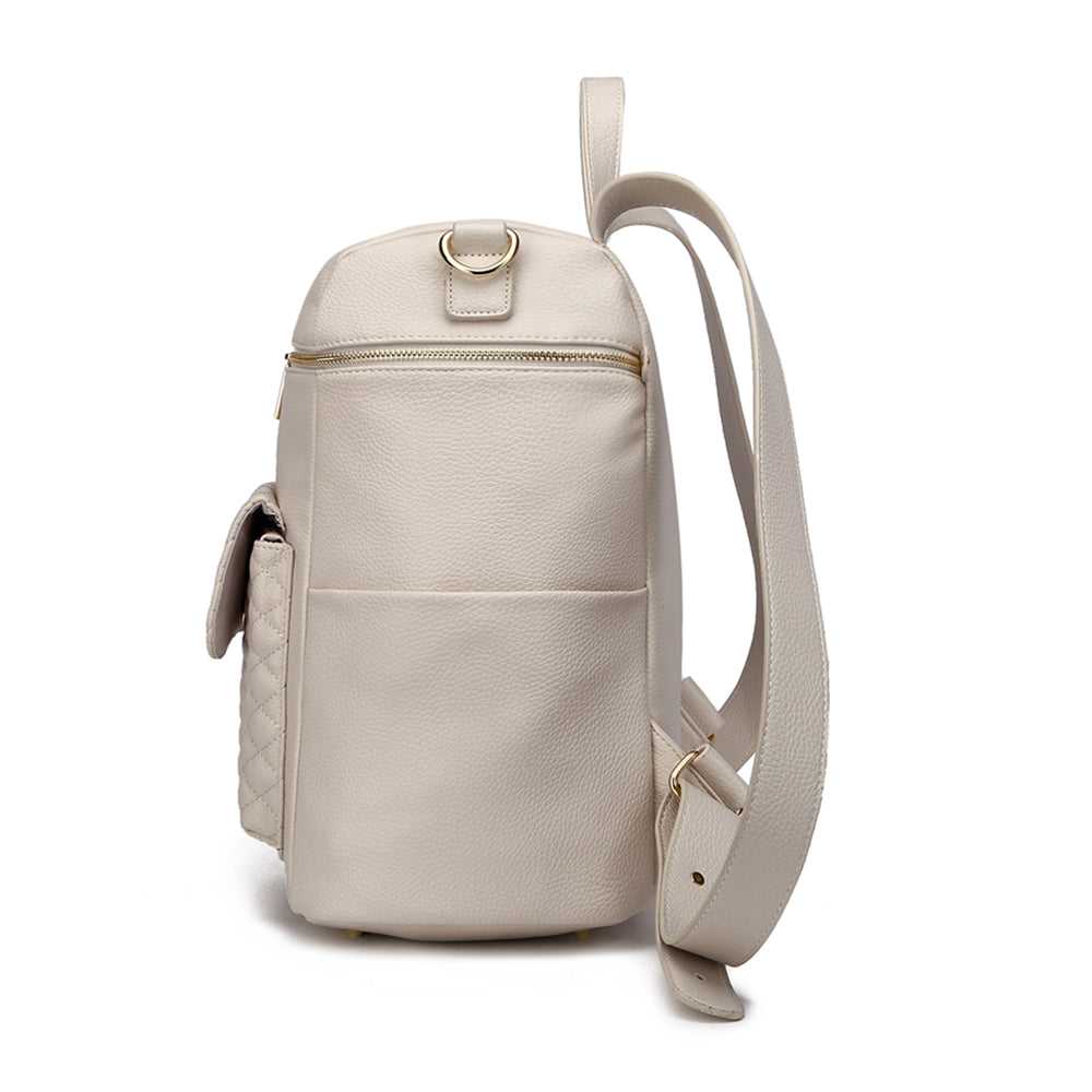 Beige backpack with a strap on a white background