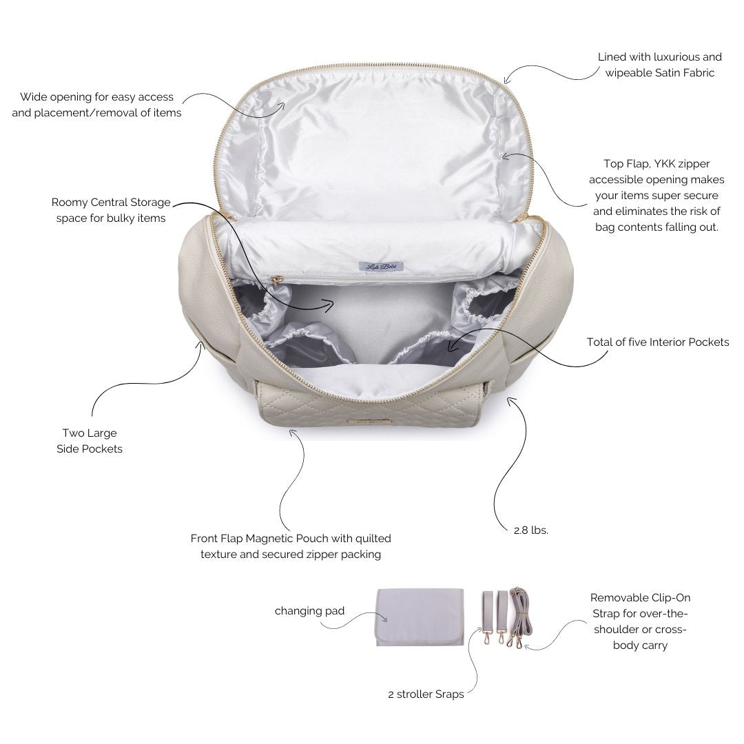Beige backpack with features highlighted on a white background