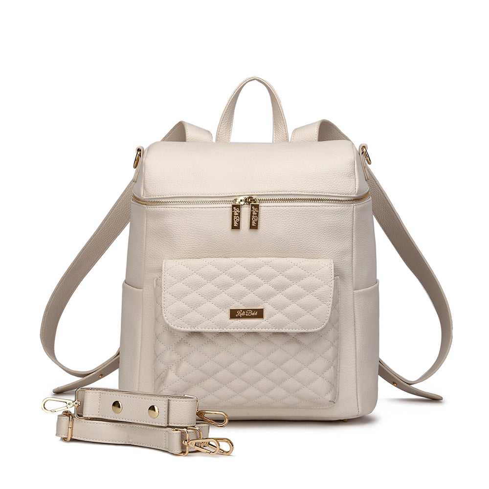 Beige backpack with quilted design and gold accents on a white background