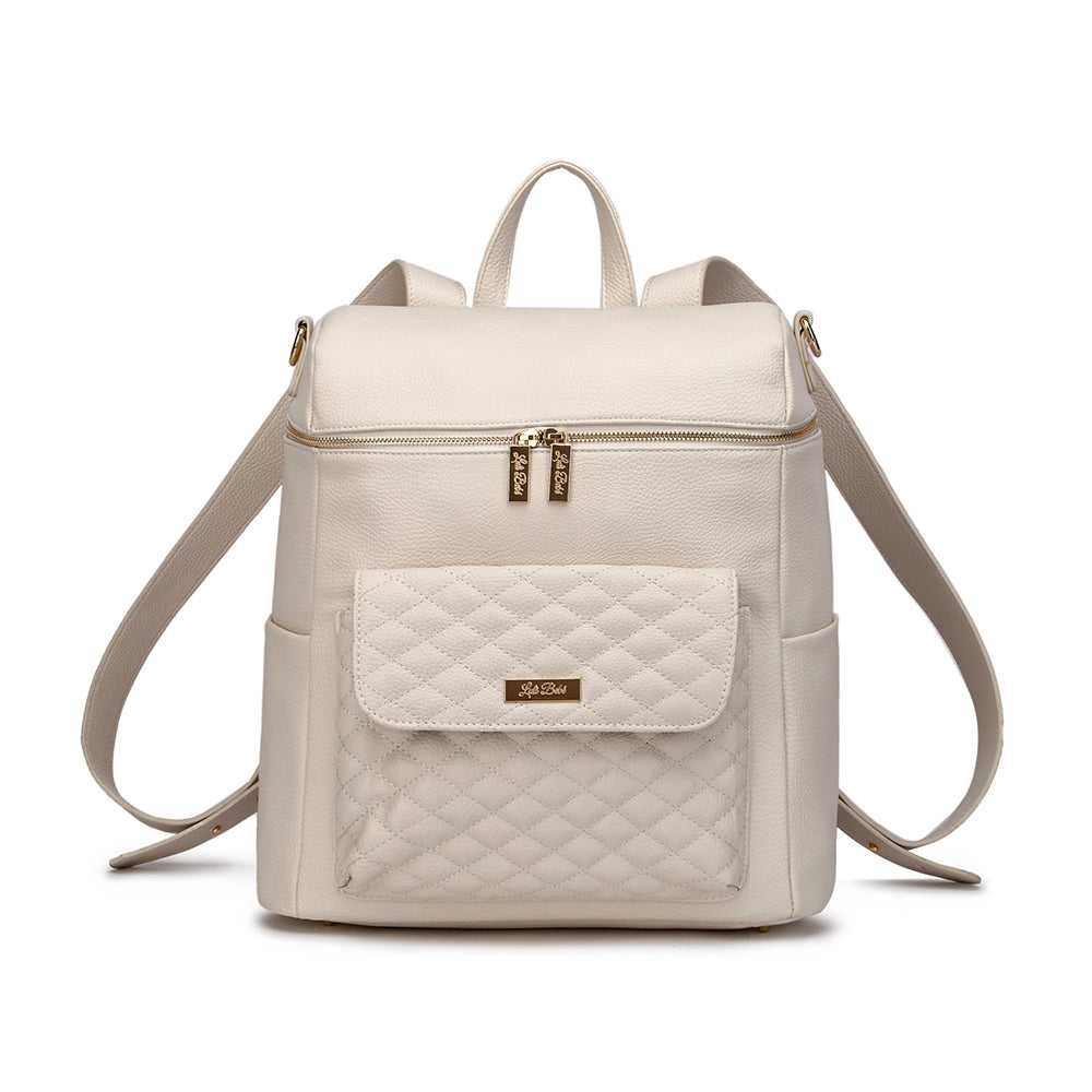 A pearl white Monaco Diaper Bag made of premium vegan leather, featuring a quilted design on the front pocket, gold-tone hardware, and a shoulder strap.