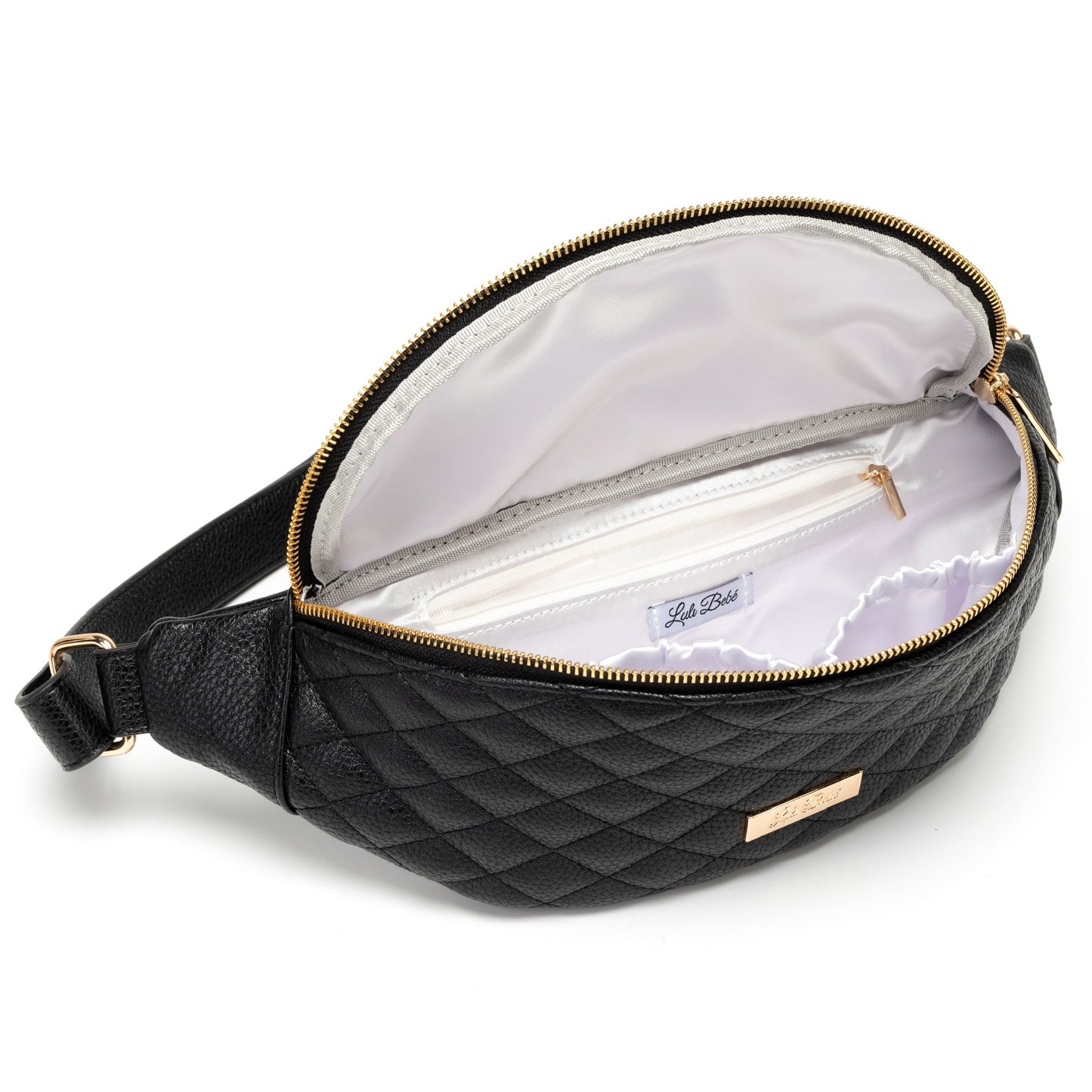 Black quilted fanny pack with gold zipper and brand logo on a white background