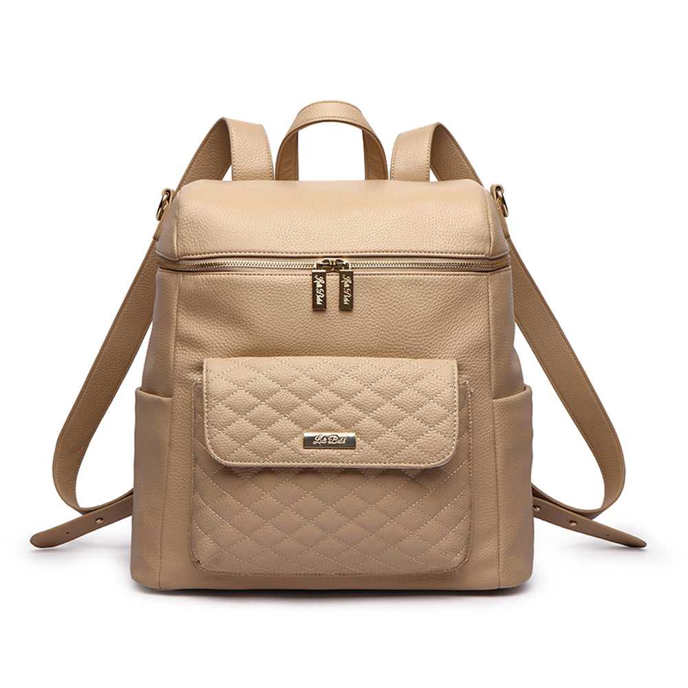 Beige backpack with quilted front pocket on a white background