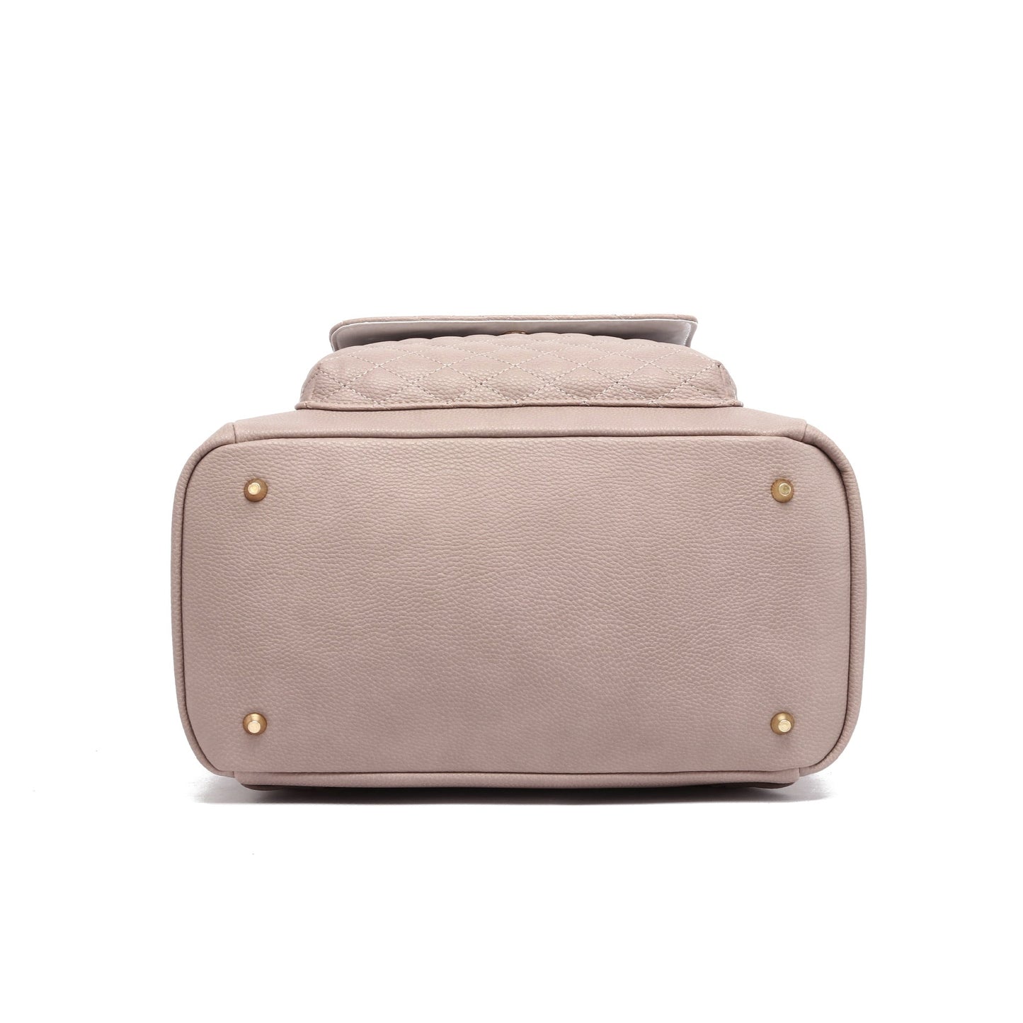 Pink handbag with gold accents on a white background