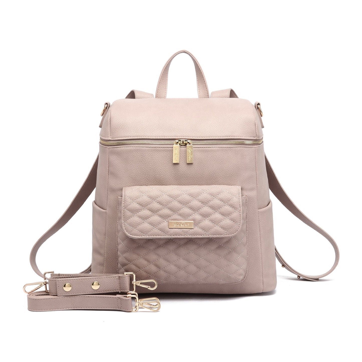 Pink backpack with quilted design and gold accents on a white background