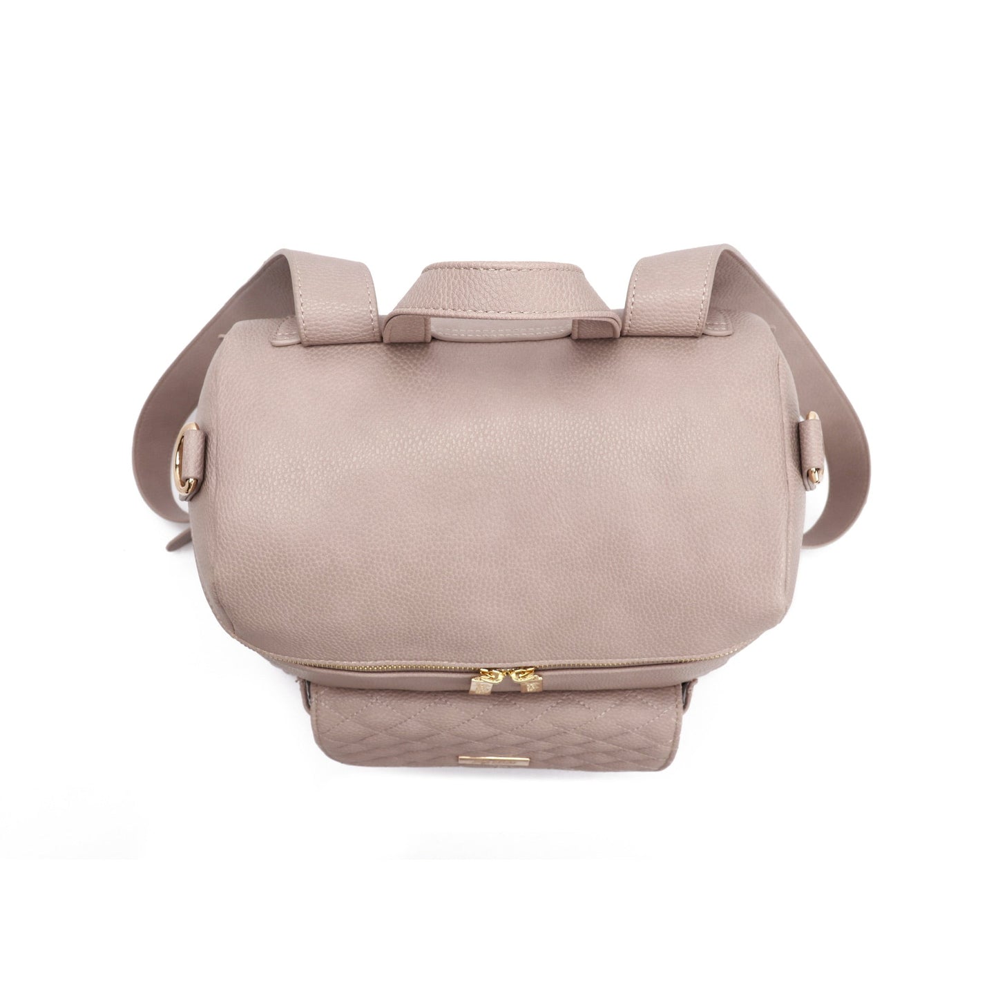 Beige handbag with gold accents on a white background