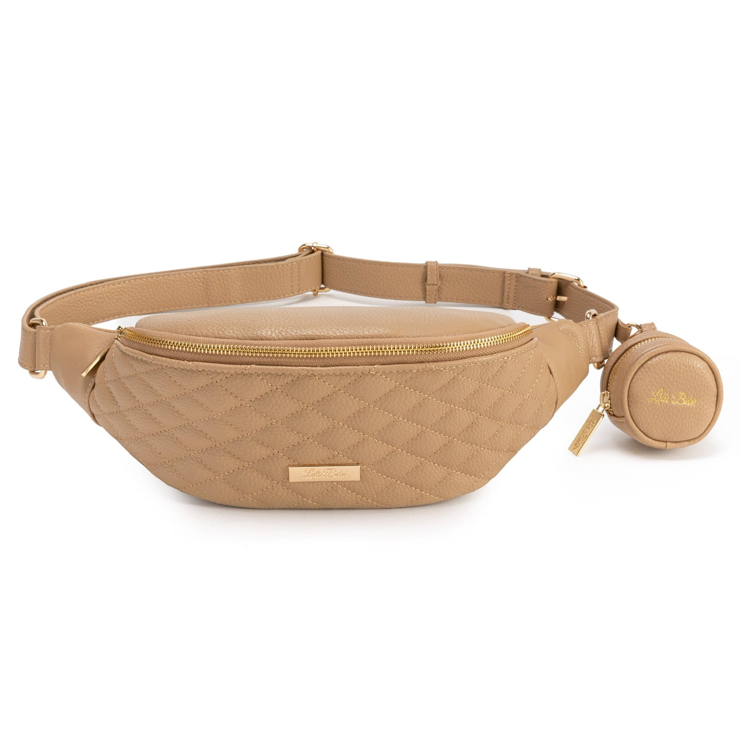 Beige quilted waist bag with a small round pouch on a white background
