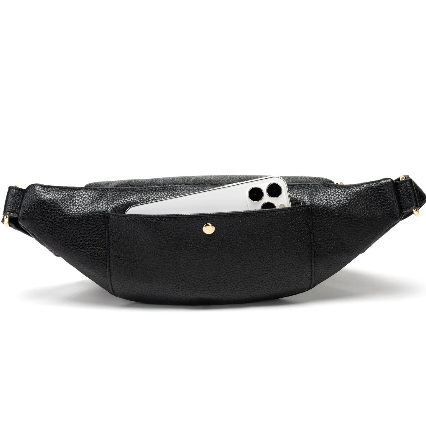 Black leather waist bag with a phone inside on a white background