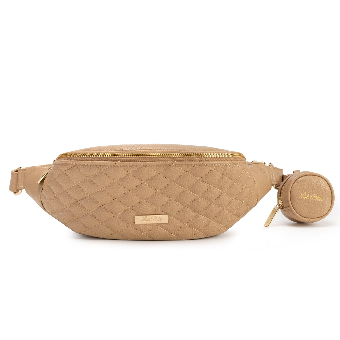 Beige quilted waist bag on a white background
