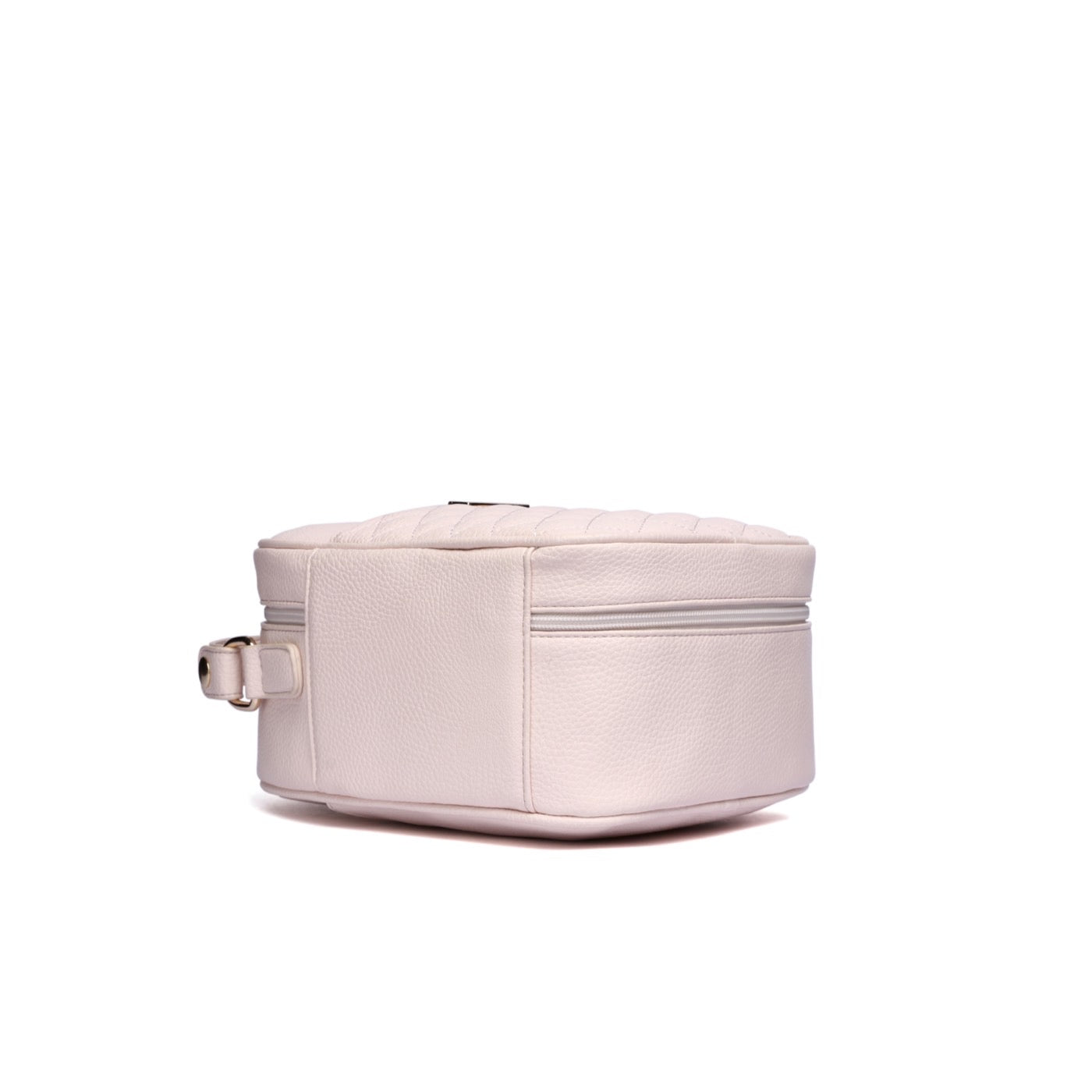 White cosmetic bag with a strap on a white background