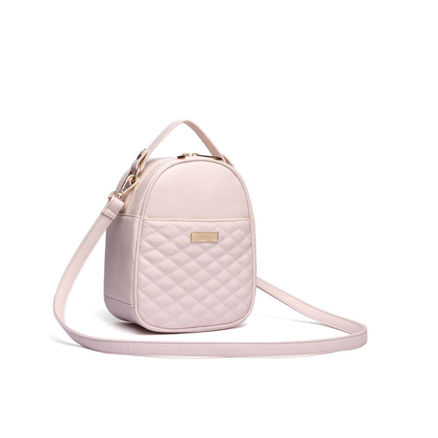 Pink quilted handbag with a strap on a white background