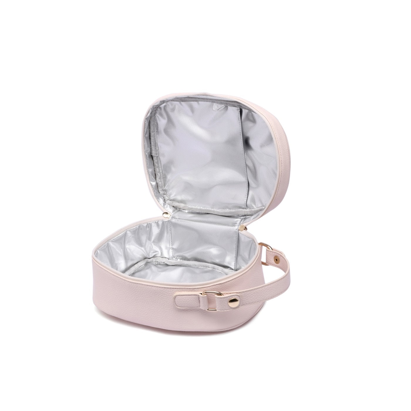 Pink jewelry box with a silver interior on a white background