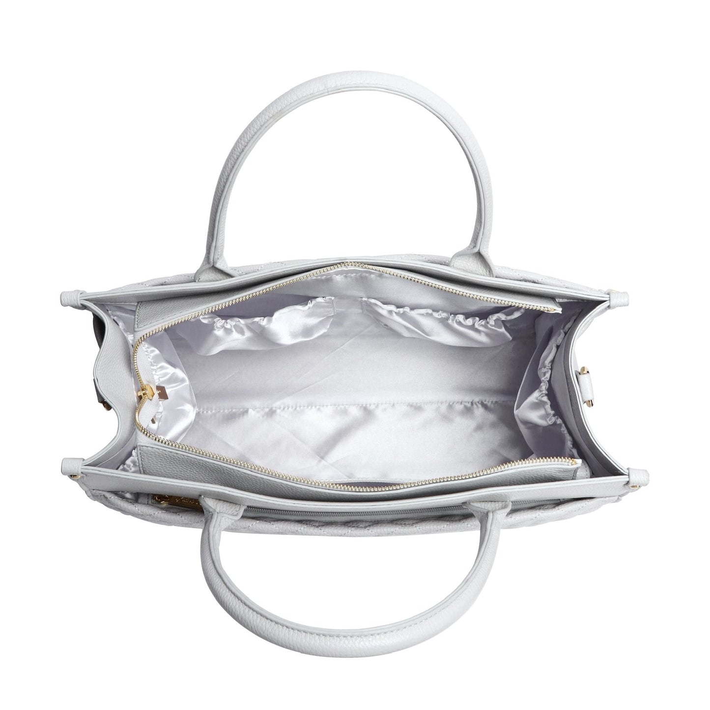Silver handbag with interior lining on a white background