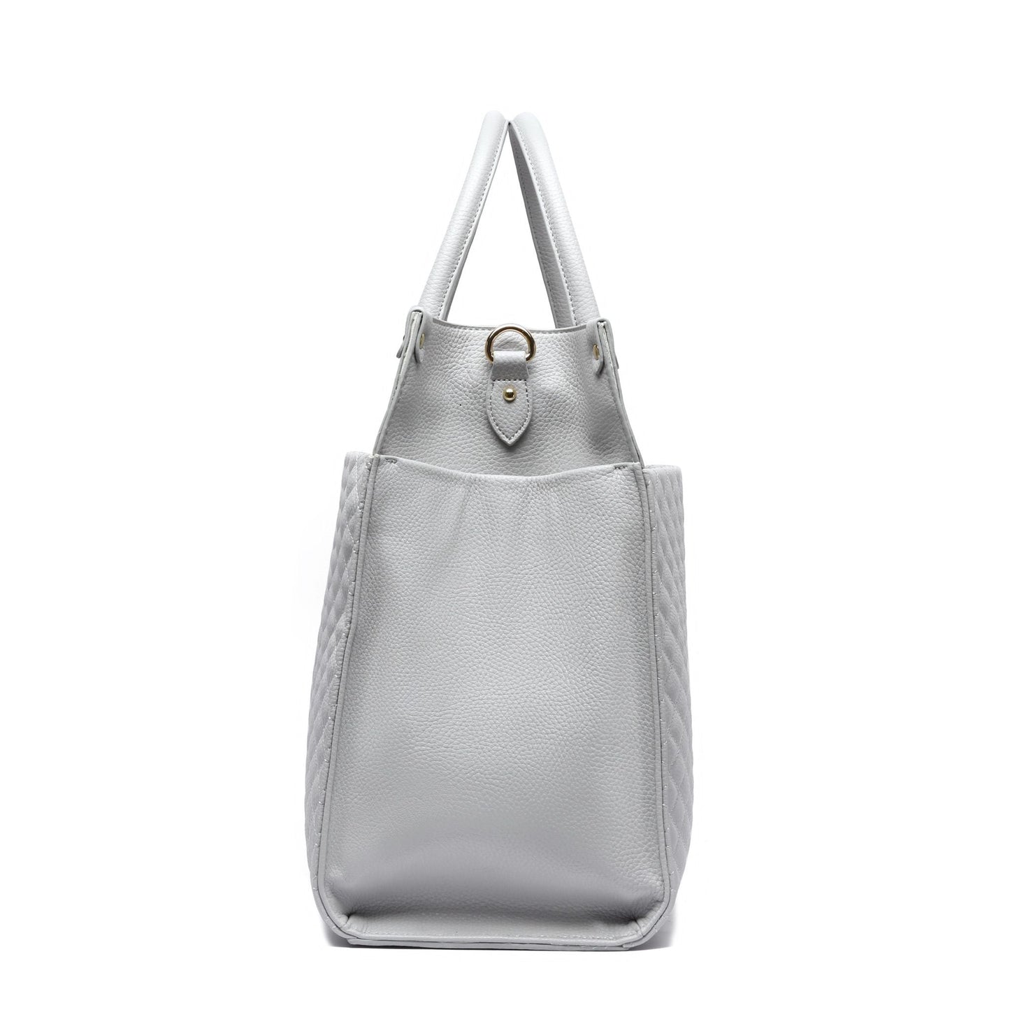Silver tote bag with a strap on a white background