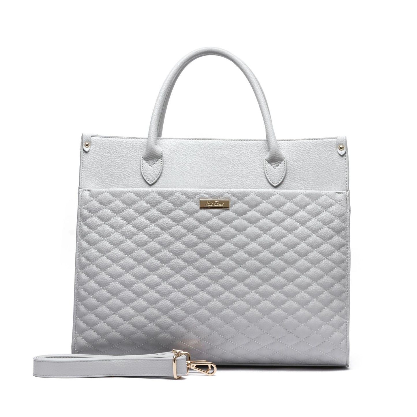 Quilted gray handbag with a strap on a white background