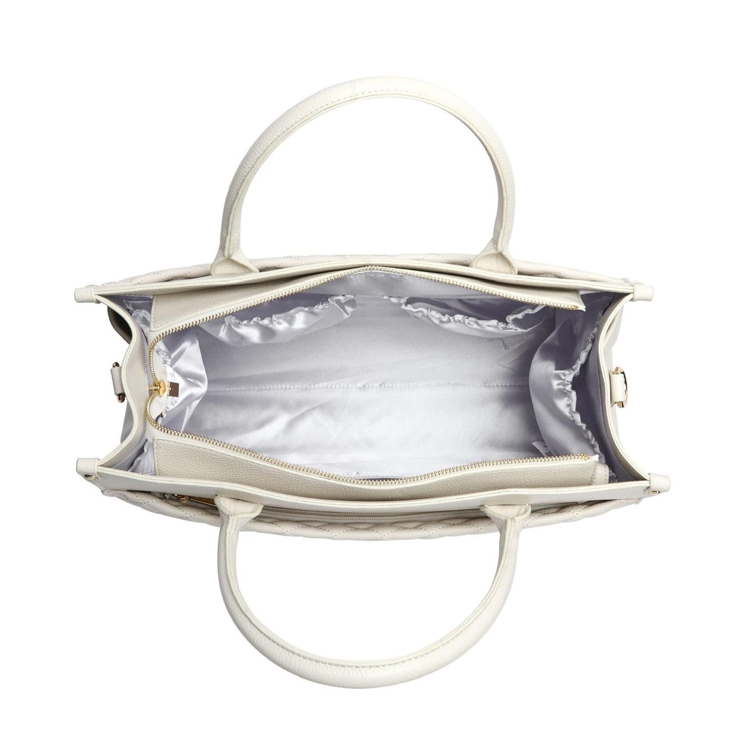White handbag with interior lining on a white background
