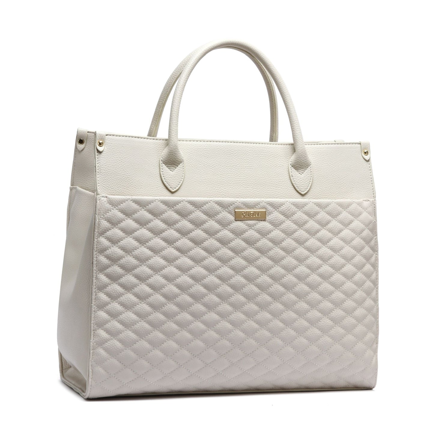 White quilted handbag with a visible brand logo on a white background