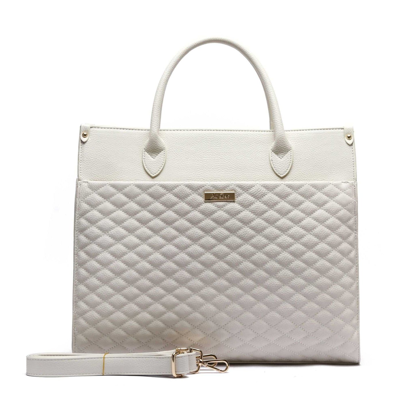 White quilted handbag with a gold strap on a white background