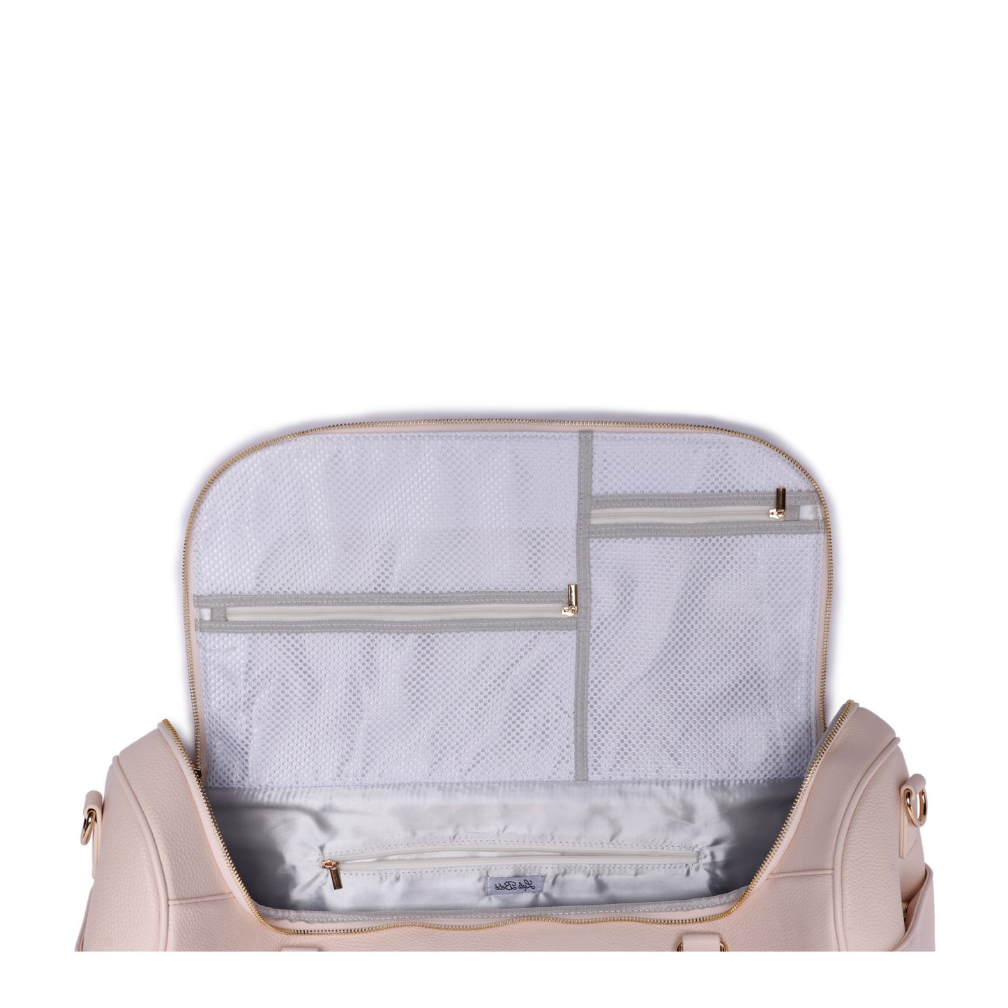 Open beige travel bag with mesh pocket on a white background