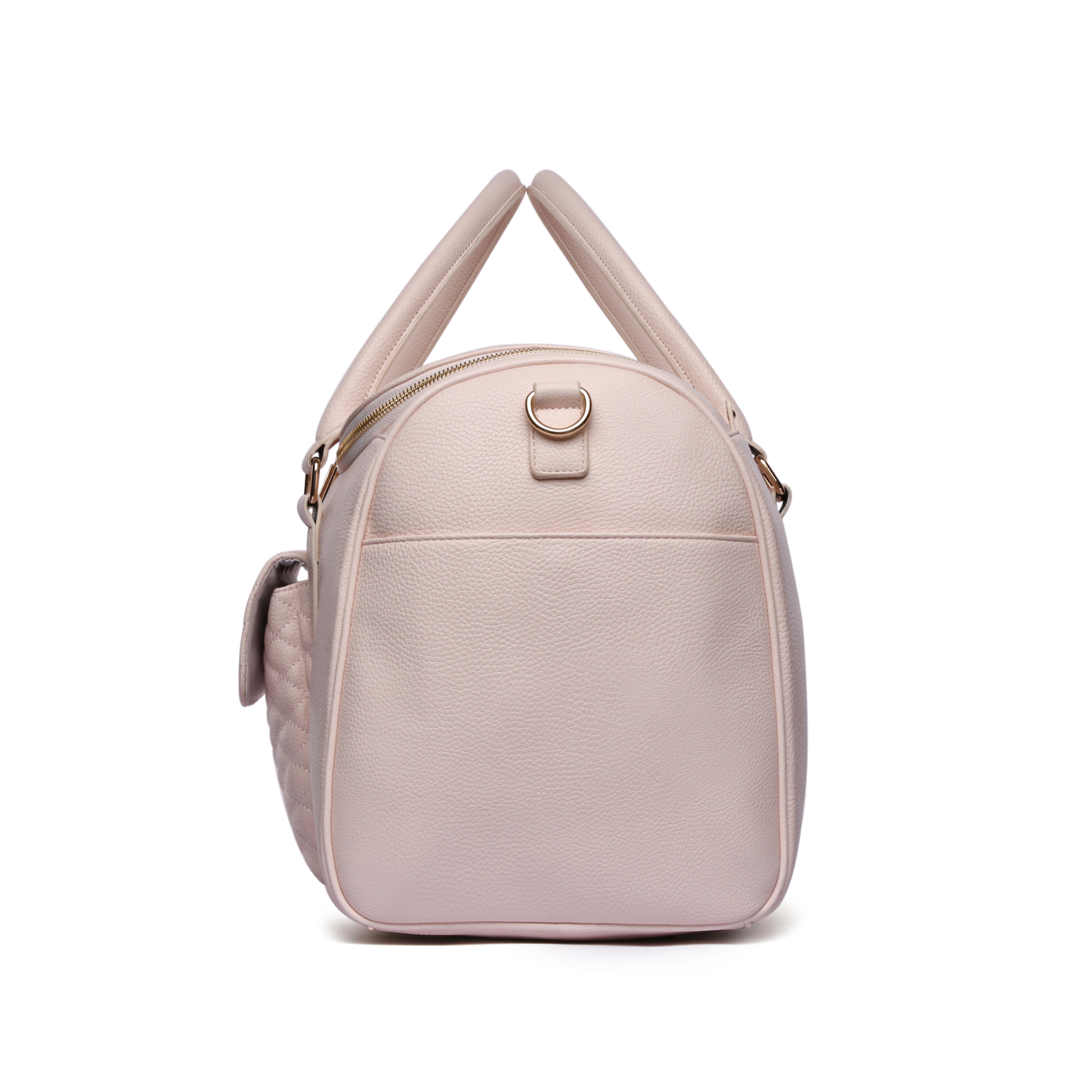 Pink handbag with quilted design on a white background